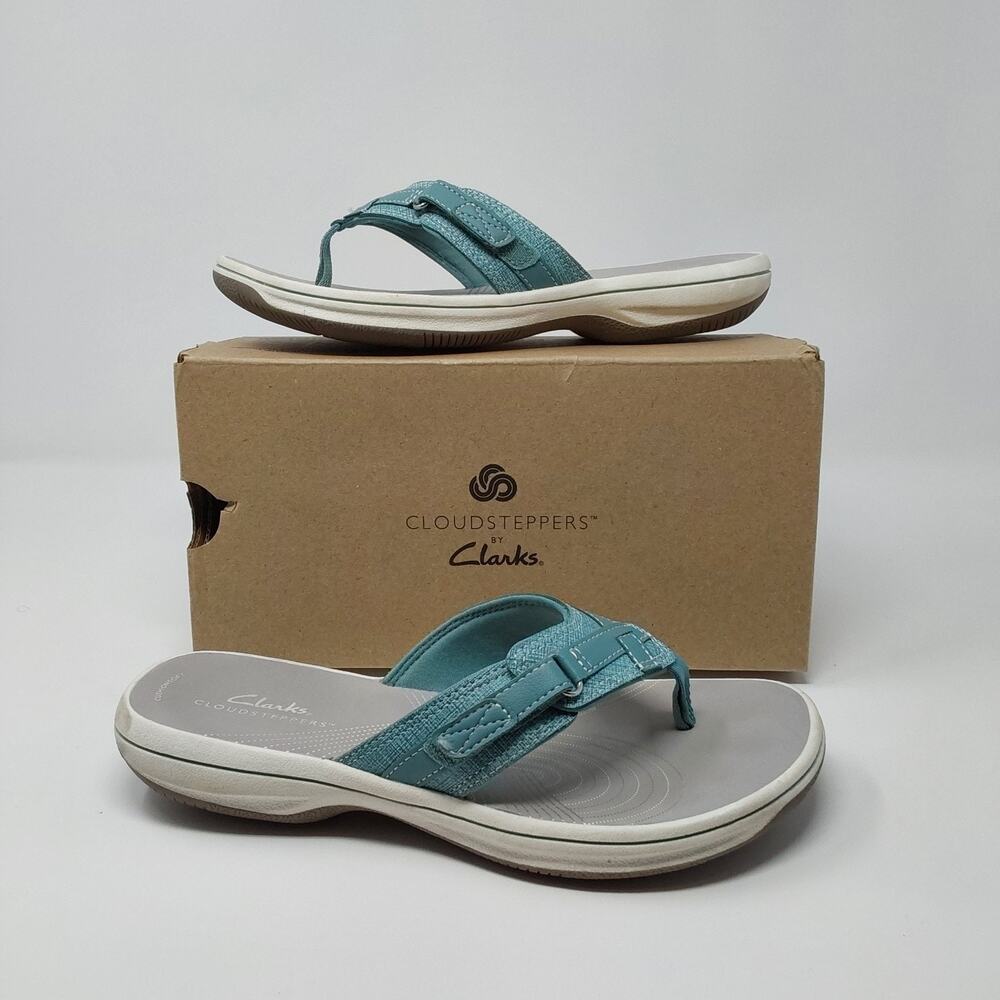 Clarks Cloudsteppers Breeze Sea Sandals Womens 7 M Teal Comfort Flip Flops